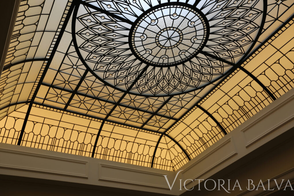 Barrel vaulted stained and leaded glass skylight ceiling for a luxury custom built house in Toronto