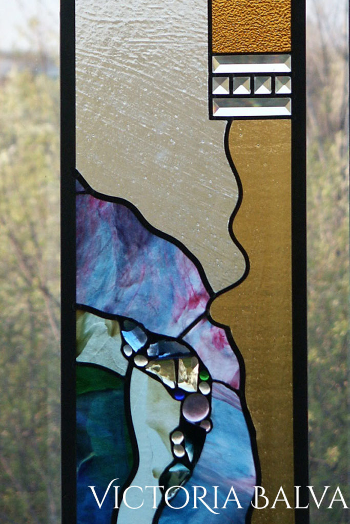 Modern abstract stained and leaded glass panels set for the family room in Oakville