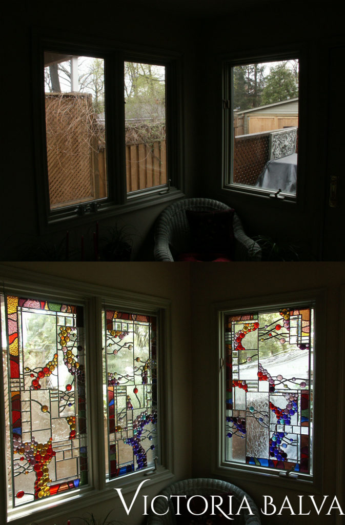 Before and after contemporary stained and leaded glass windows