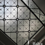 Contemporary stained and leaded glass skylight ceiling with clear acid etched glass and crystal jewels