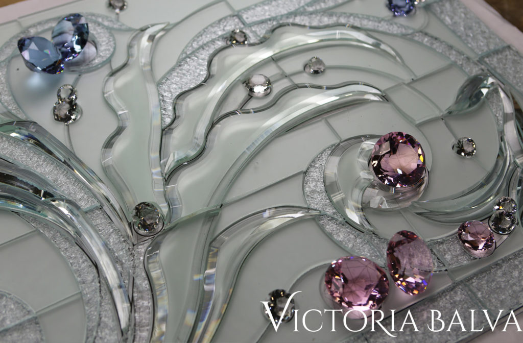 complex curved hand bevelled glass with pink and clear crystal jewel accents for stained and leaded glass skylight