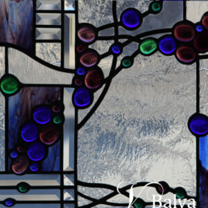 Contemporary abstract art glass panel with bevelled glass and blue nuggets