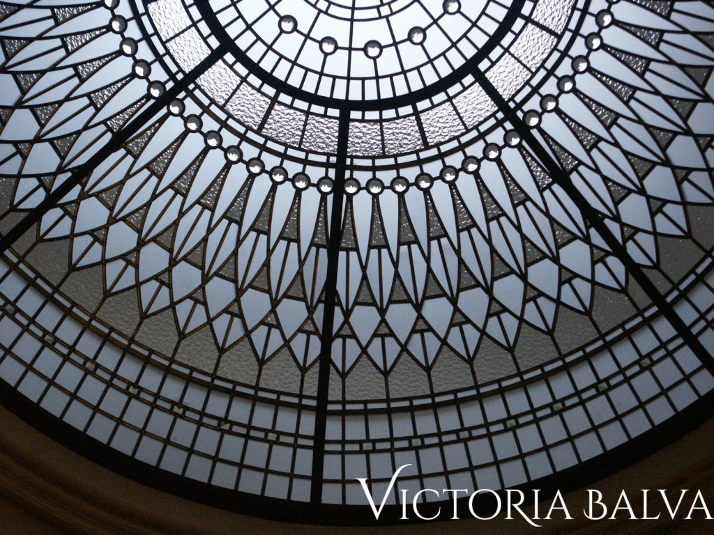 Clear textured glass effects in custom stained and leaded glass dome design with clear bevelled glass and crystal jewels