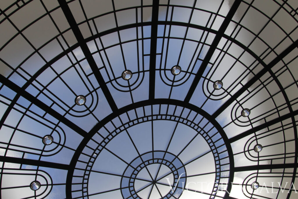 Minimal simple geometric design for stained and leaded glass dome on Los Angeles