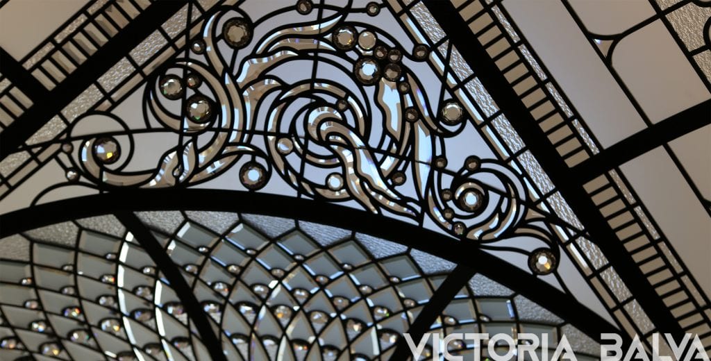 Hand bevelled glass with crystal jewels for stained and leaded glass dome skylight in King City the