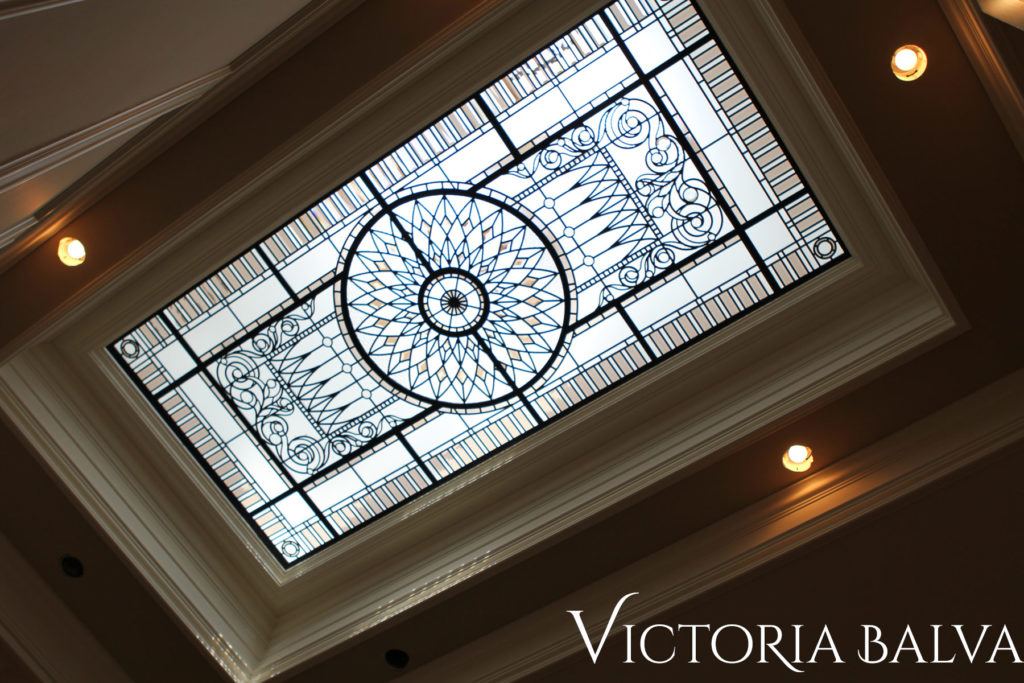 Decorative stained glass skylight for the hallway of a custom built house designed by Architect Bill Hall in Mississauga