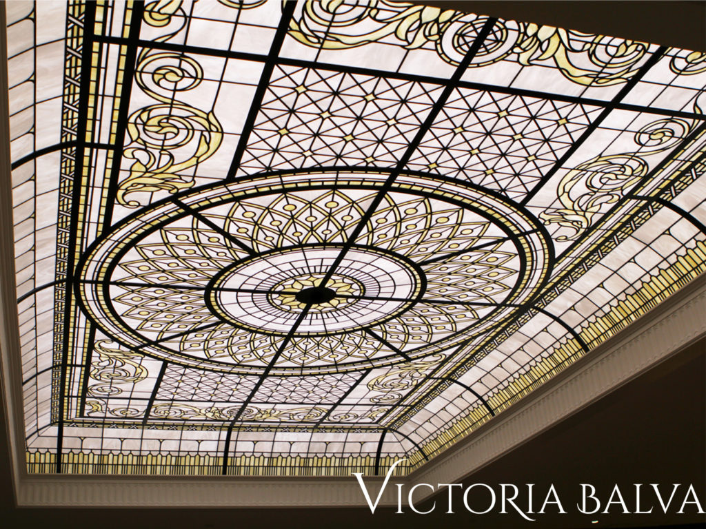 residential leaded glass skylight ceiling with complex intricate design spectrum opal glass